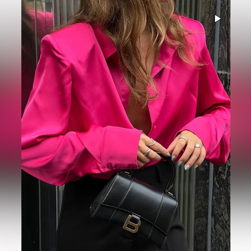 NA-KD Satin shoulder pad blouse shirt hot pink fuchsia